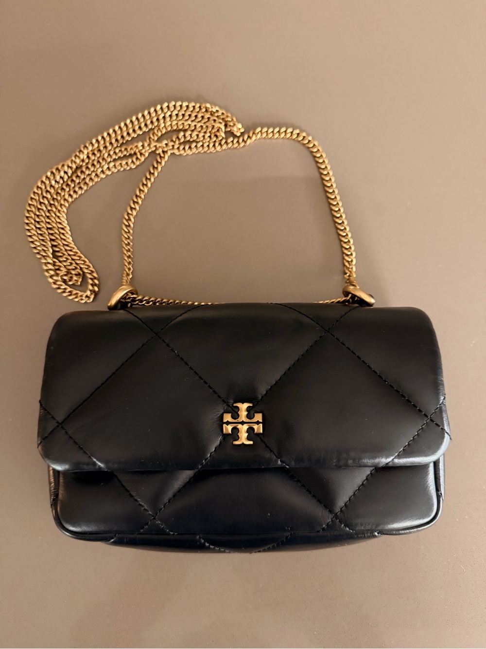 Tory Burch Black Mini Quilted Leather Crossbody with Gold Chain